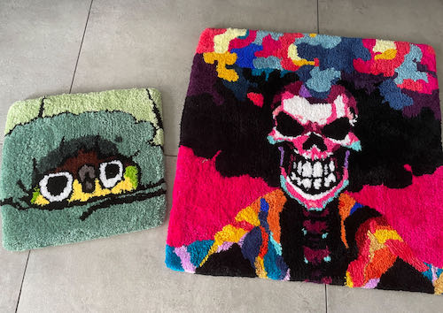 Georgia's tufting works: a skeleton (Brook of One Piece) and a cute parrow